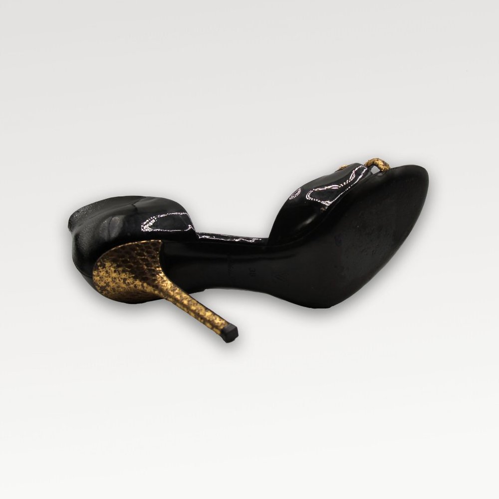 LOUIS VUITTON Open Toe Pump, Black Patent Leather, 10cm Heel - Picture 9 of 10